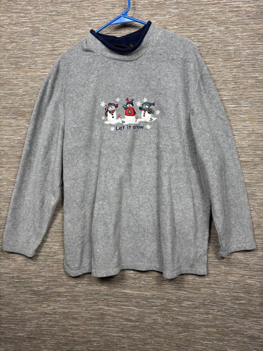 CB Sport Sweatshirt Womens 1X Gray Mock Neck Fleece Pullover Snowman Let It Snow
